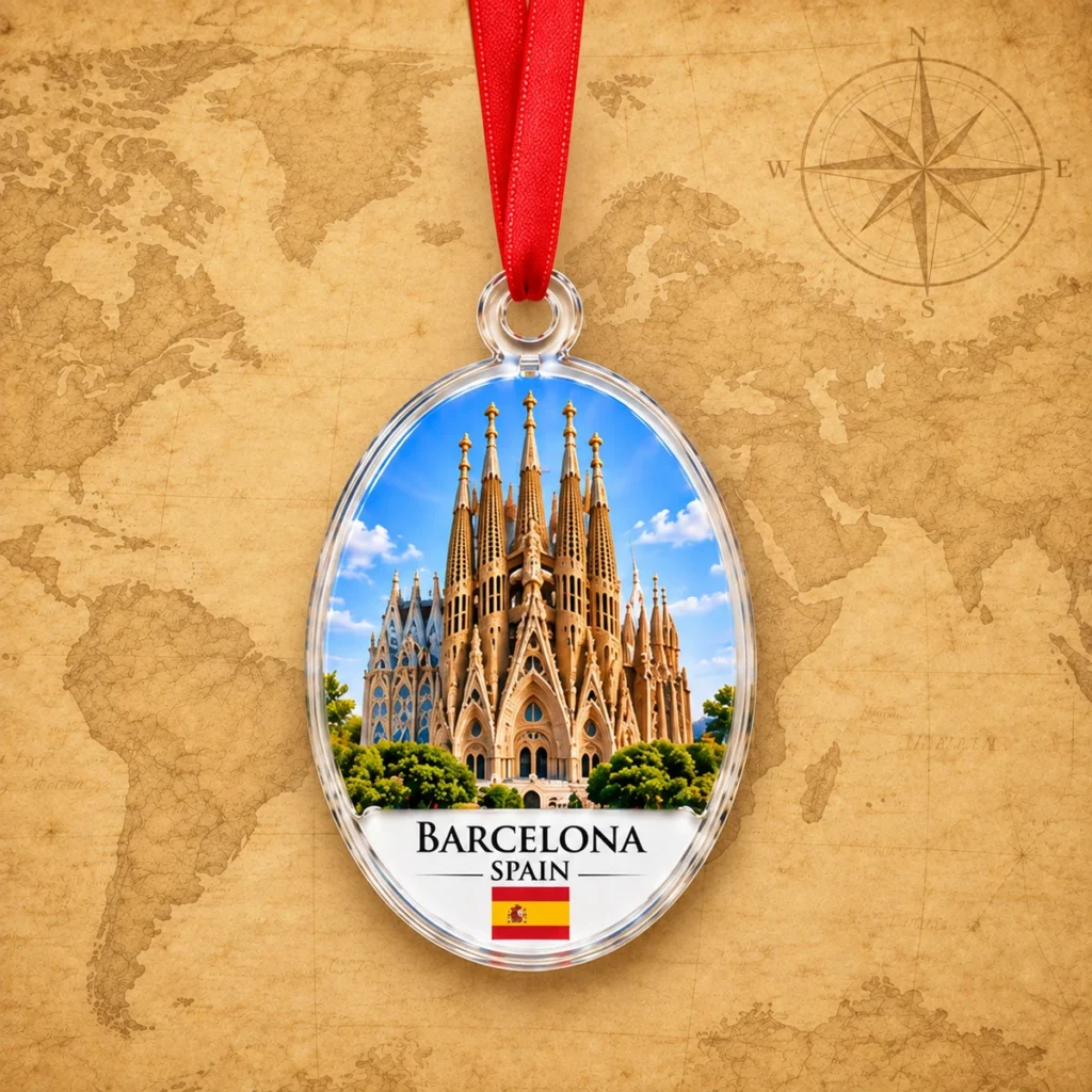 Barcelona Sagrada Família ornament on an antique world map