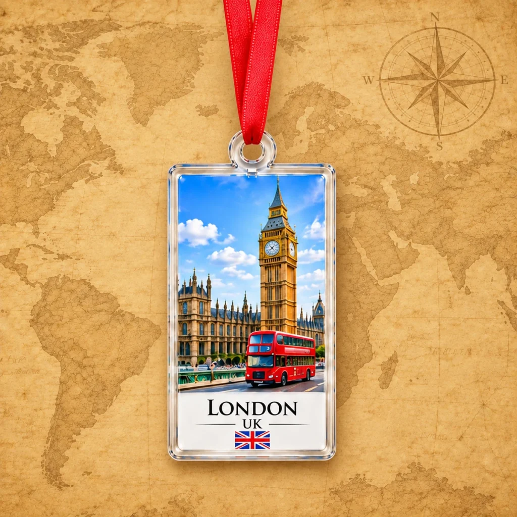 London landmark ornament on an antique world map