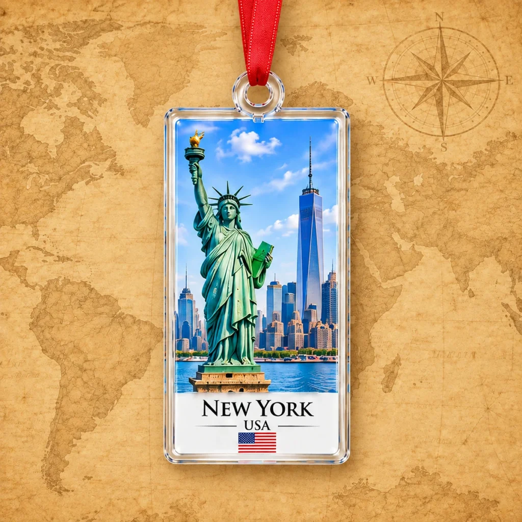 New York landmark ornament on an antique world map