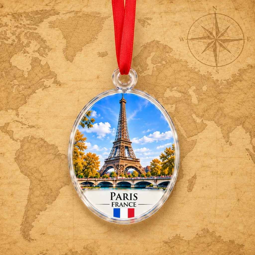 Paris Eiffel Tower ornament on an antique world map