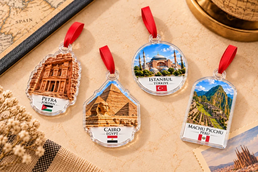 Acrylic Christmas ornaments featuring Petra, Cairo, Istanbul and Machu Picchu