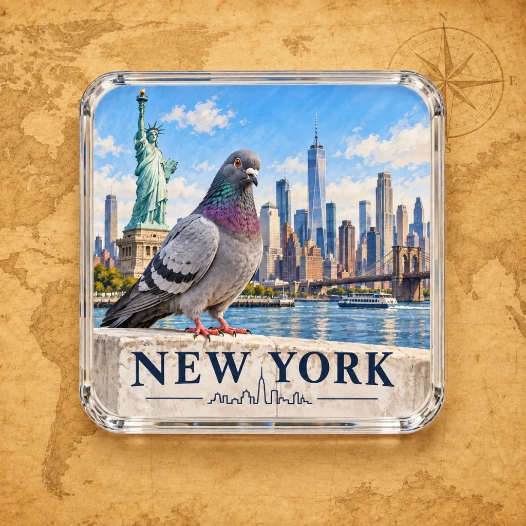 New York pigeon coaster on an antique world map