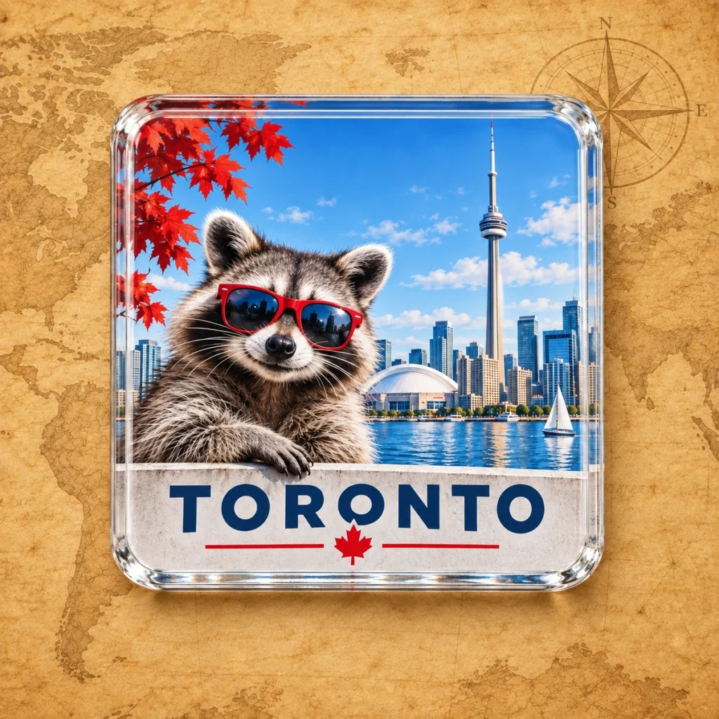 Toronto raccoon coaster on an antique world map