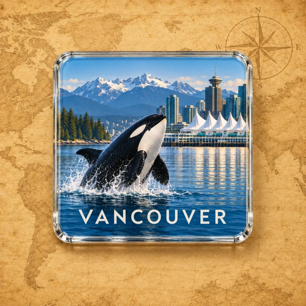 Vancouver orca coaster on an antique world map