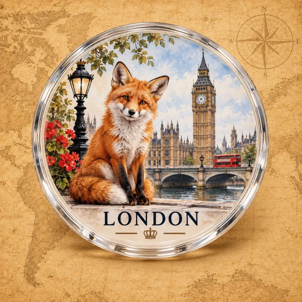 London fox coaster on an antique world map