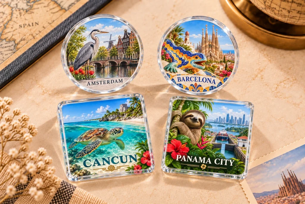 Acrylic souvenir coasters featuring Amsterdam, Barcelona, Cancun and Panama City