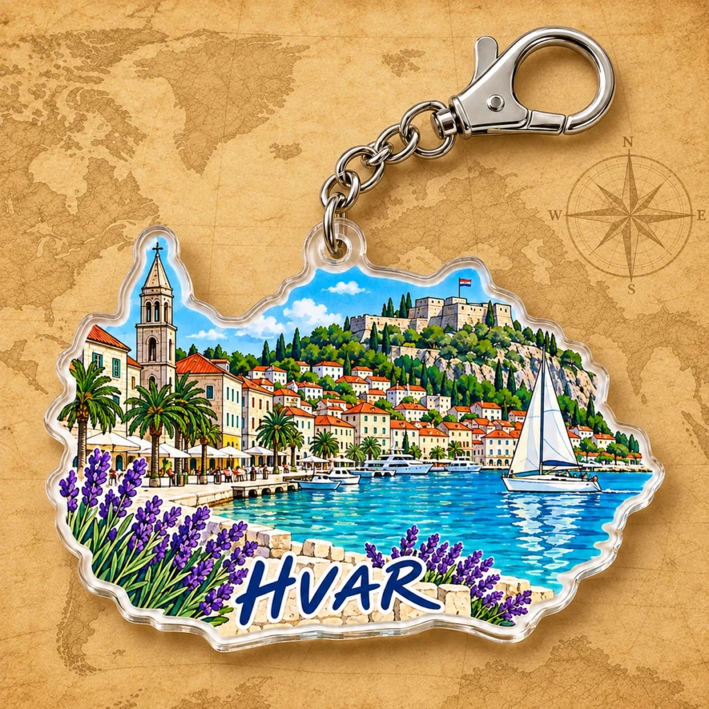 Hvar coastal keychain on an antique world map