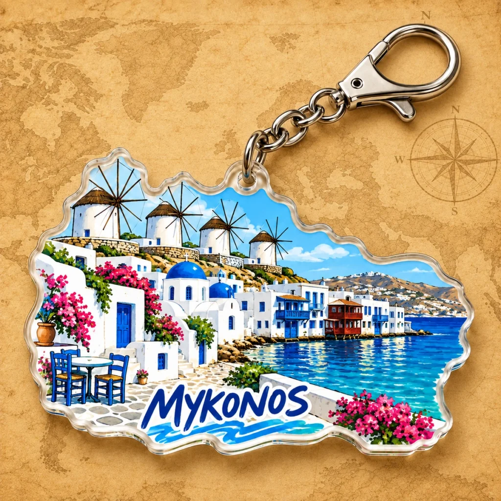Mykonos island keychain on an antique world map