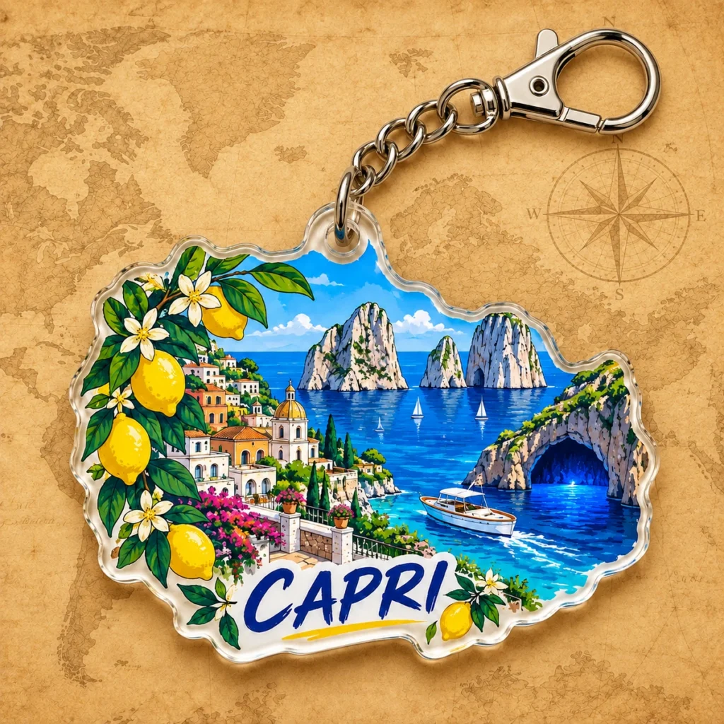 Capri lemon keychain on an antique world map
