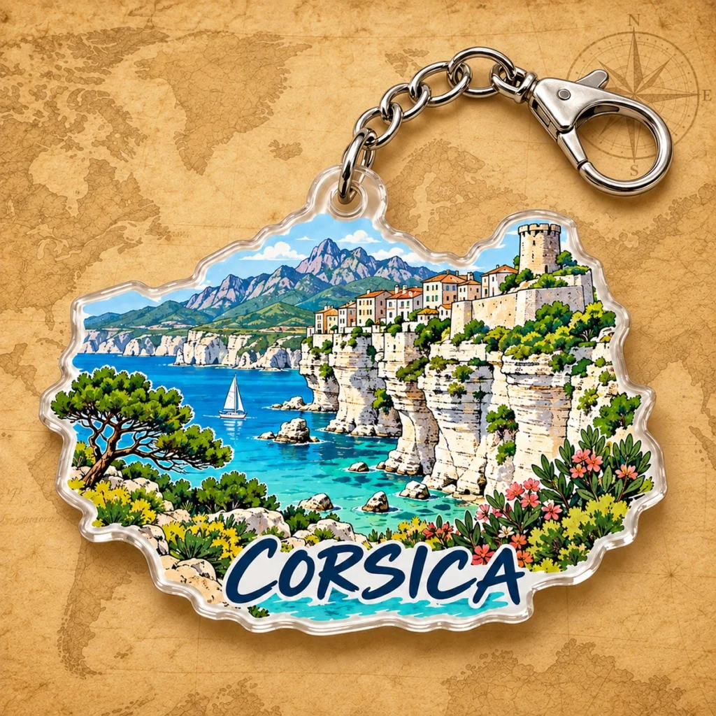 Corsica cliff keychain on an antique world map