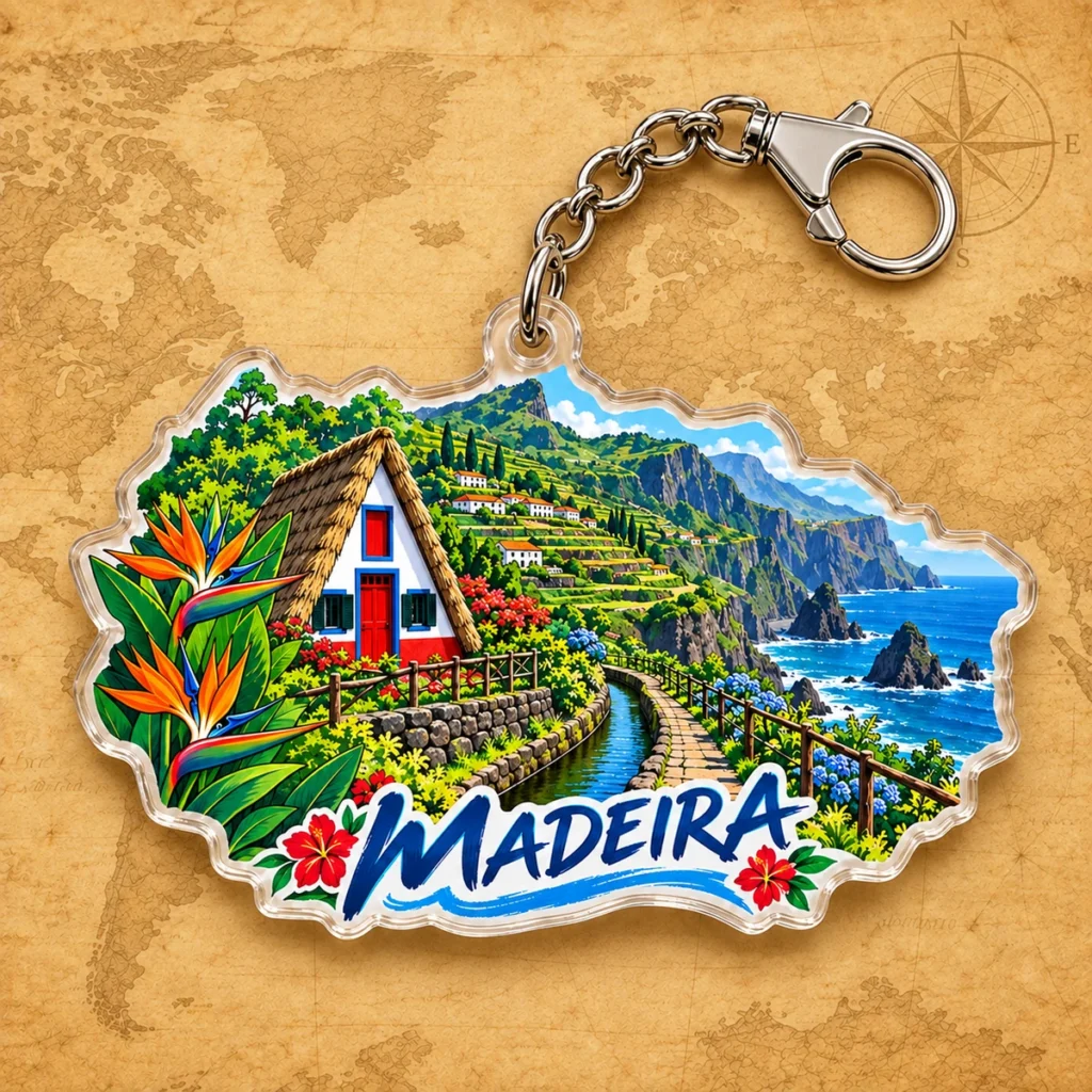 Madeira landscape keychain on an antique world map