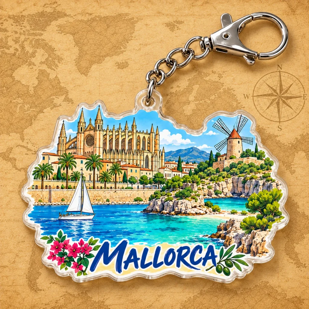Mallorca landmark keychain on an antique world map