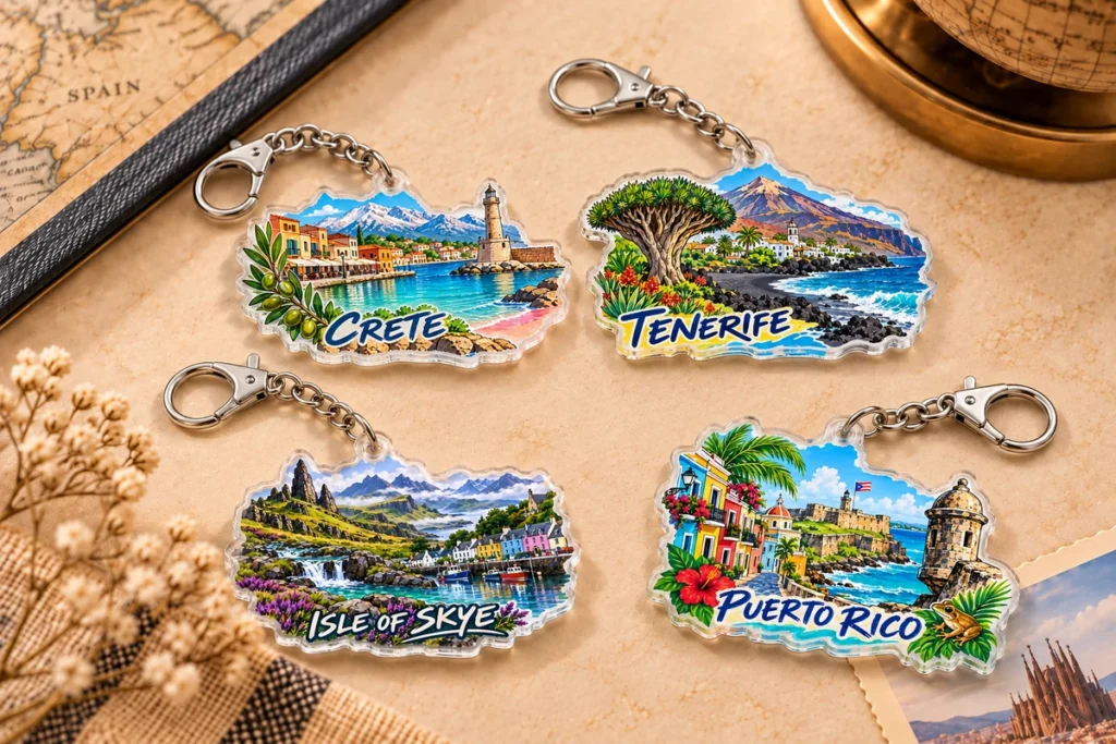 Custom acrylic keychains featuring Crete, Tenerife, Isle of Skye and Puerto Rico