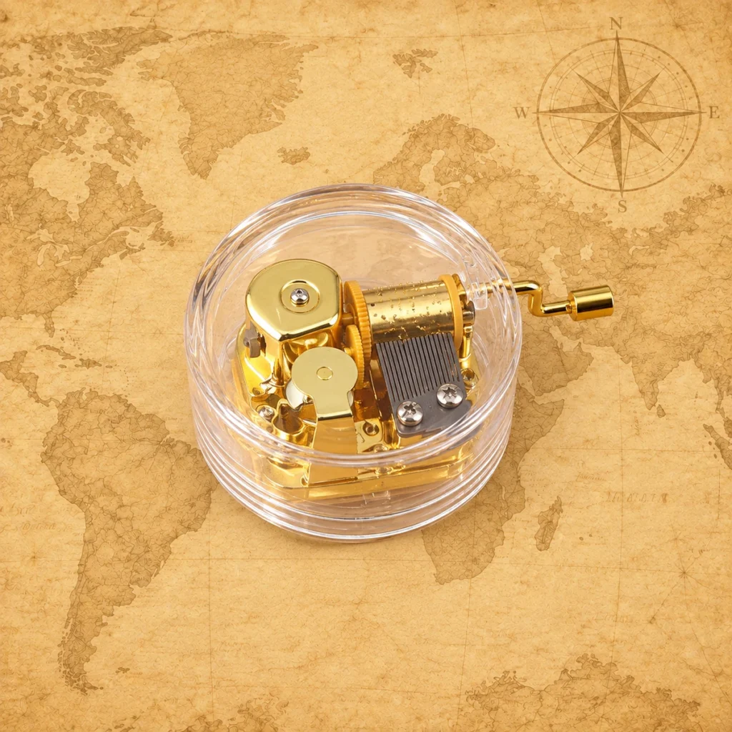 Cylindrical gold movement on an antique world map