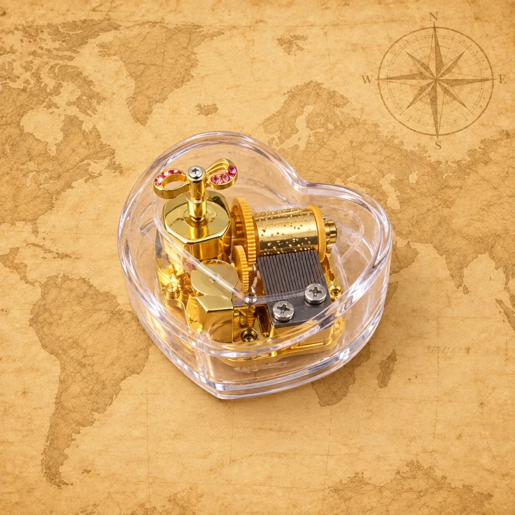 Heart-shaped music box on an antique world map