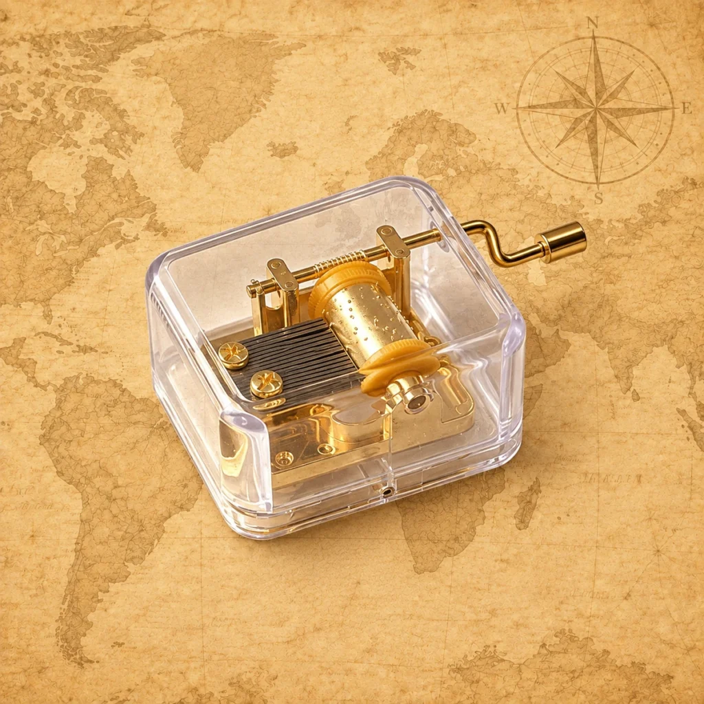 Square gold movement on an antique world map