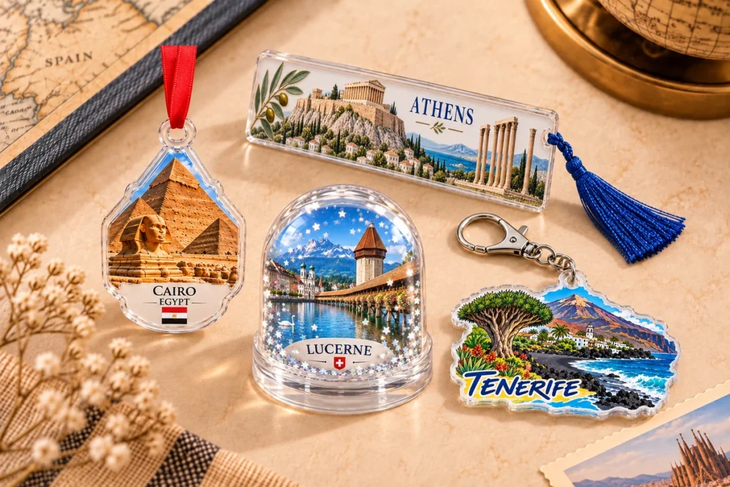 Acrylic souvenir protective details on ornament, bookmark, snow globe and keychain