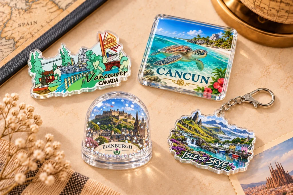 Acrylic souvenir quality control details on magnet, coaster, snow globe and keychain