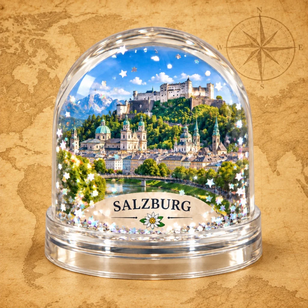 Salzburg city globe on an antique world map
