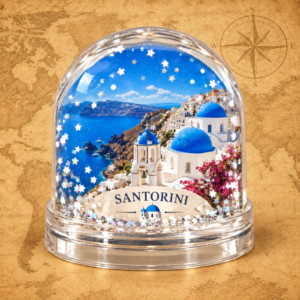 Santorini island globe on an antique world map