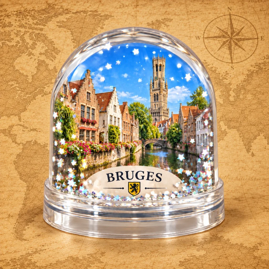 Bruges canal globe on an antique world map