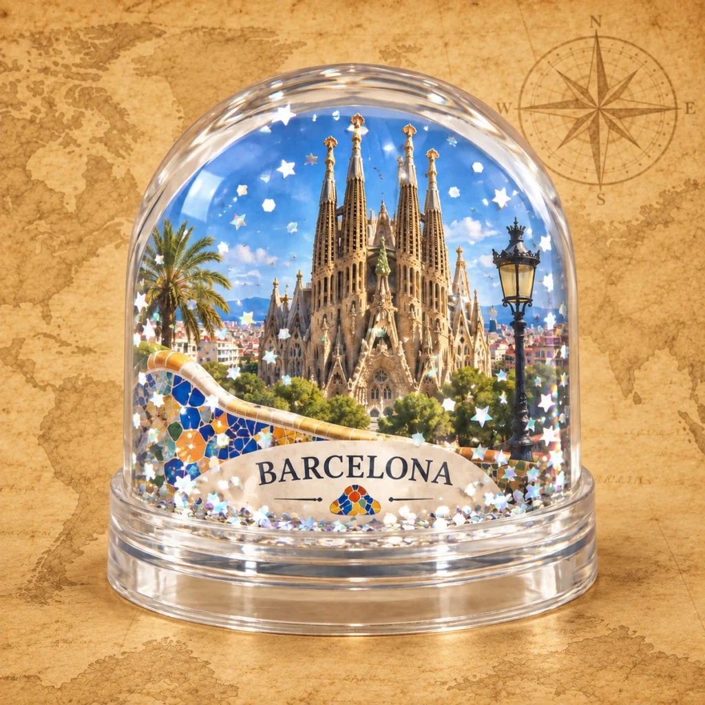 Barcelona landmark globe on an antique world map