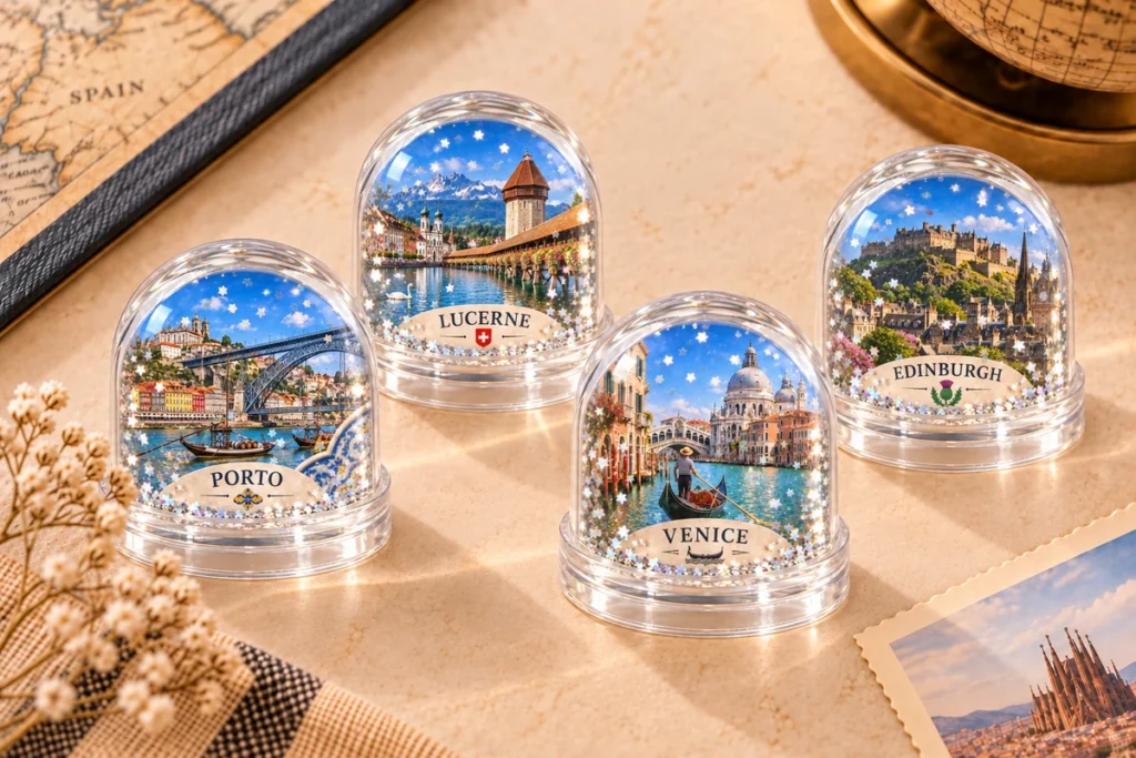 Acrylic souvenir snow globes featuring Porto, Lucerne, Venice and Edinburgh