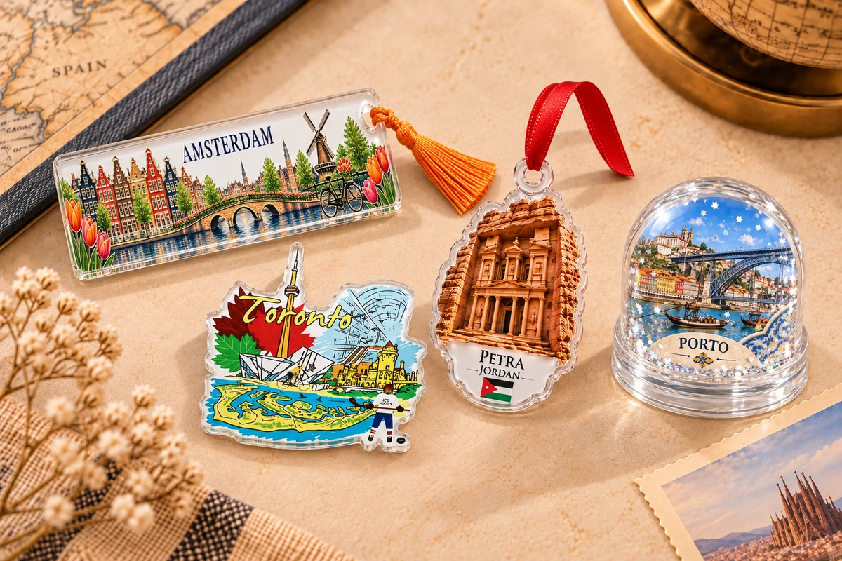 Custom acrylic souvenirs collection with Amsterdam bookmark, Toronto magnet, Petra ornament and Porto snow globe