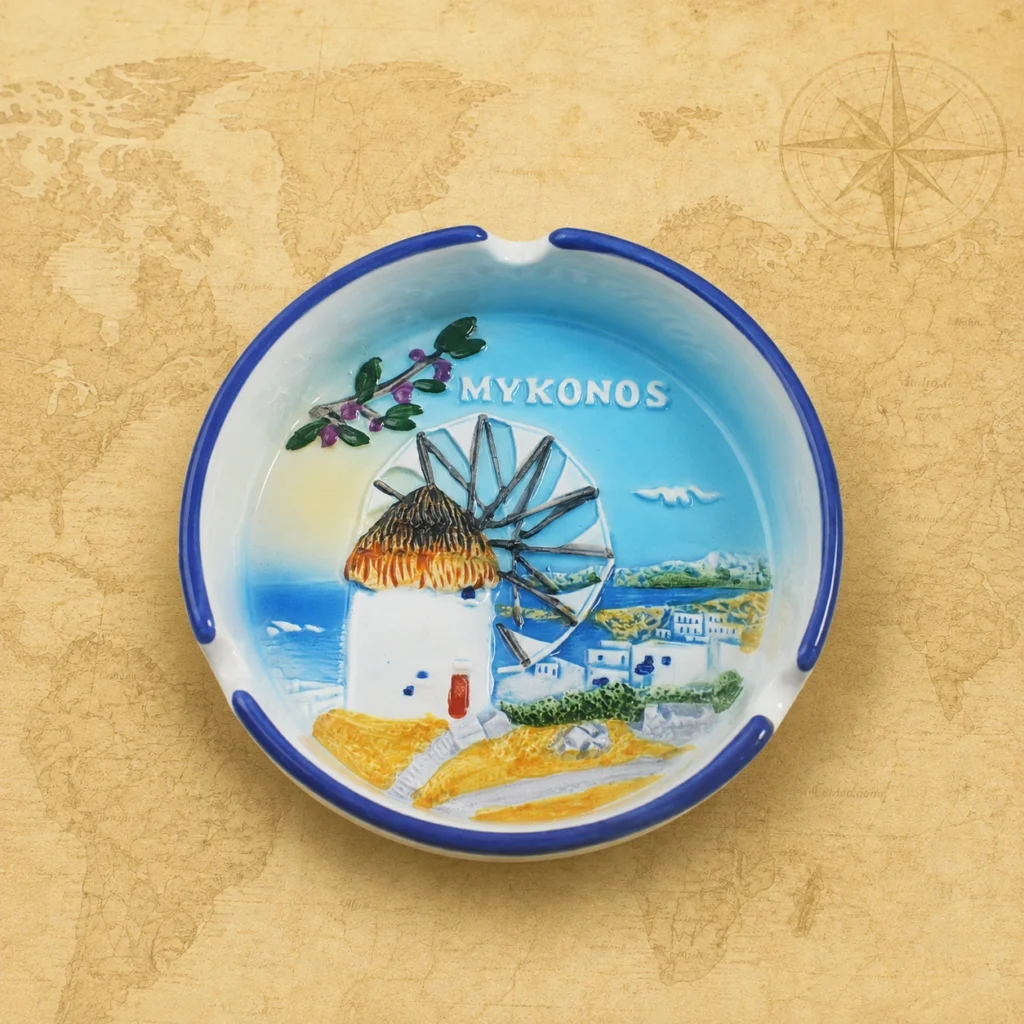 Ceramic souvenir ashtray featuring Mykonos, Greece island travel theme