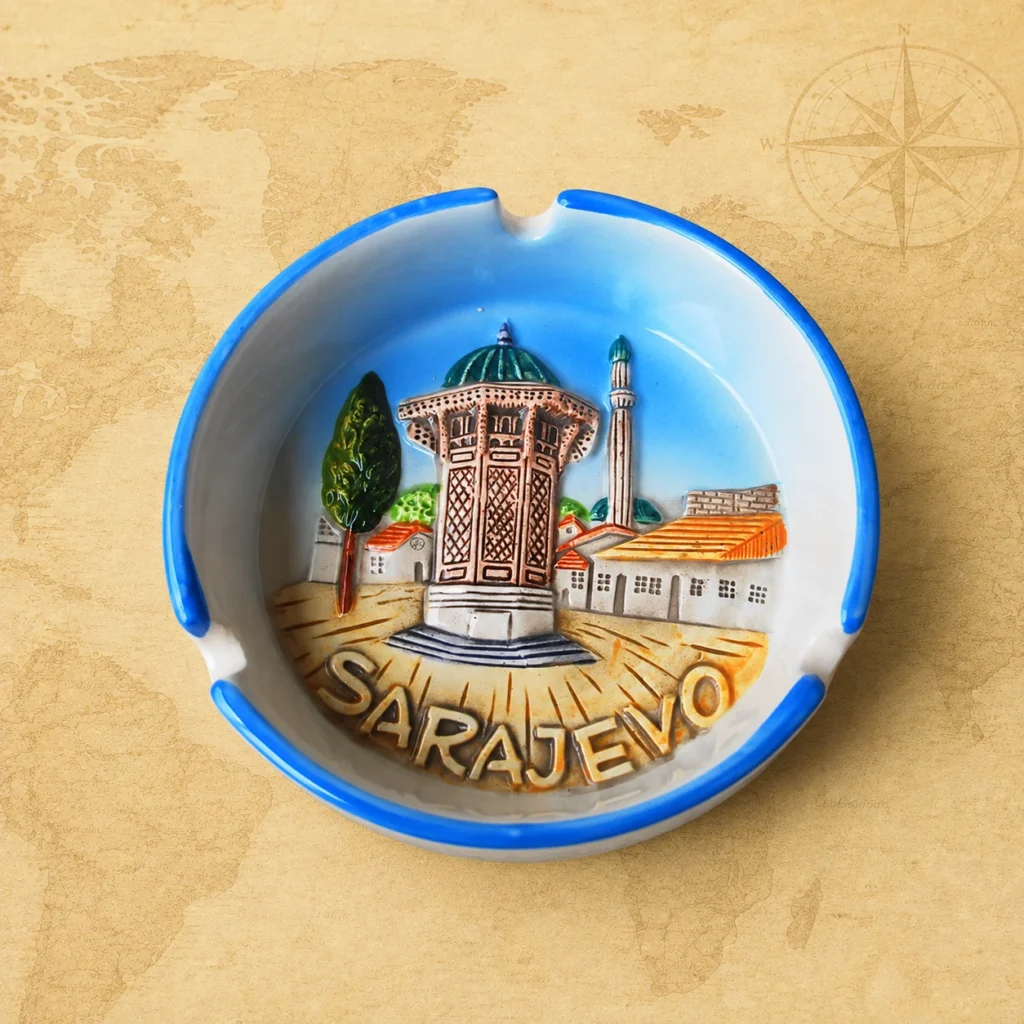 Ceramic souvenir ashtray featuring Sarajevo, Bosnia and Herzegovina city theme