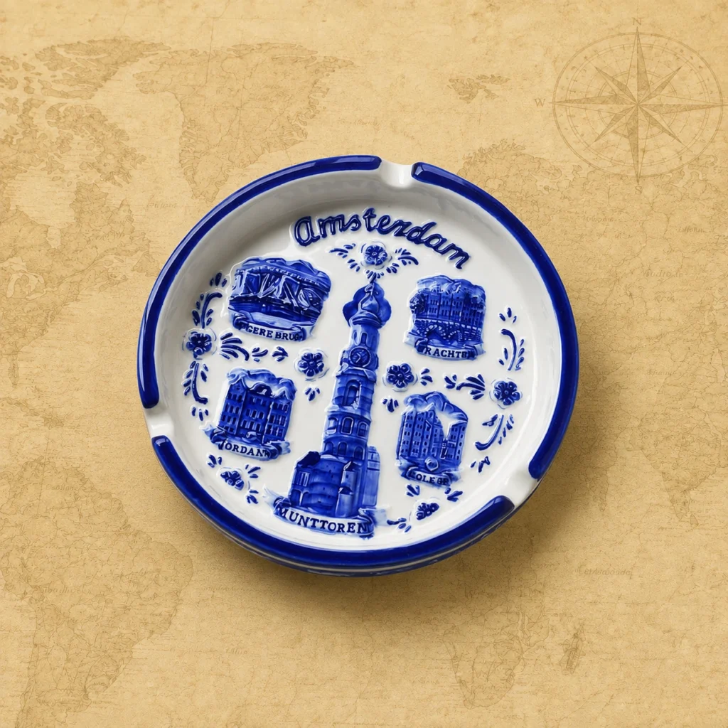 Ceramic souvenir ashtray featuring Amsterdam, Netherlands canal city theme