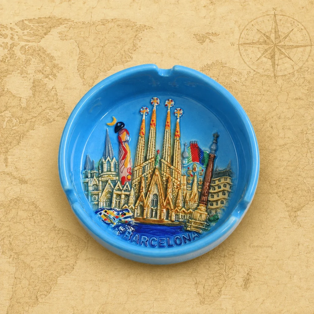 Ceramic souvenir ashtray featuring Barcelona, Spain landmark theme