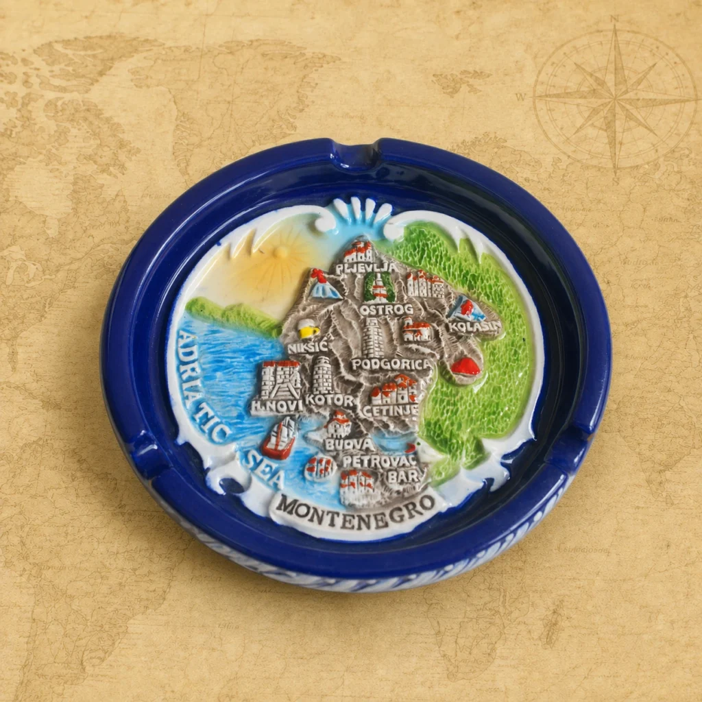 Ceramic souvenir ashtray featuring Adriatic Sea coast of Montenegro