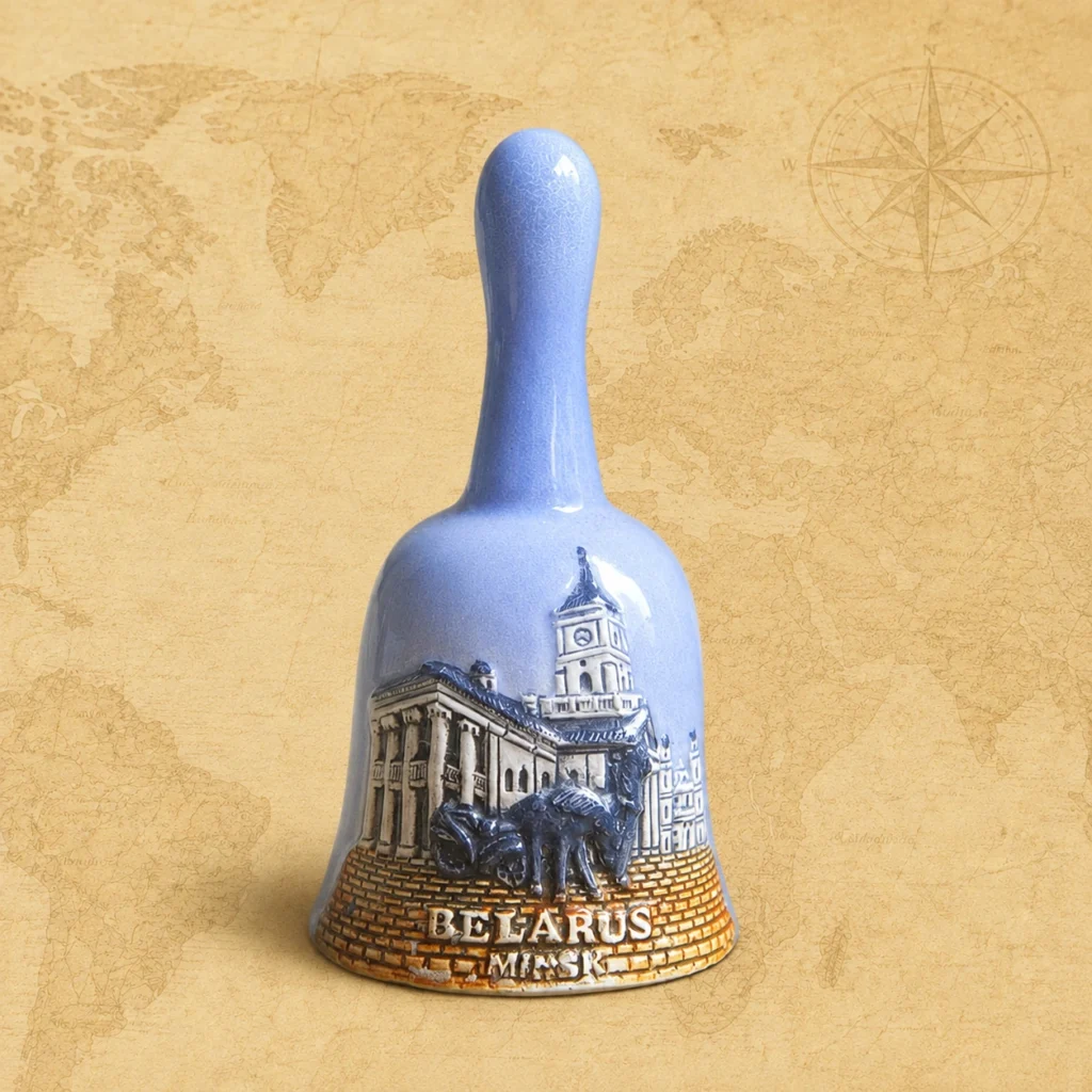 Ceramic souvenir bell featuring Minsk, Belarus city landmark theme