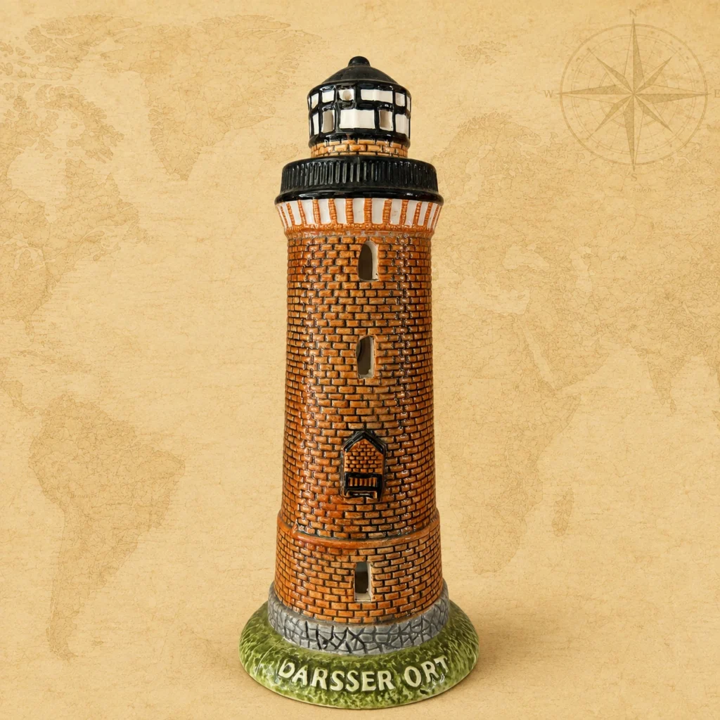 Ceramic souvenir candle holder featuring Darsser Ort Lighthouse in Mecklenburg-Vorpommern, Germany