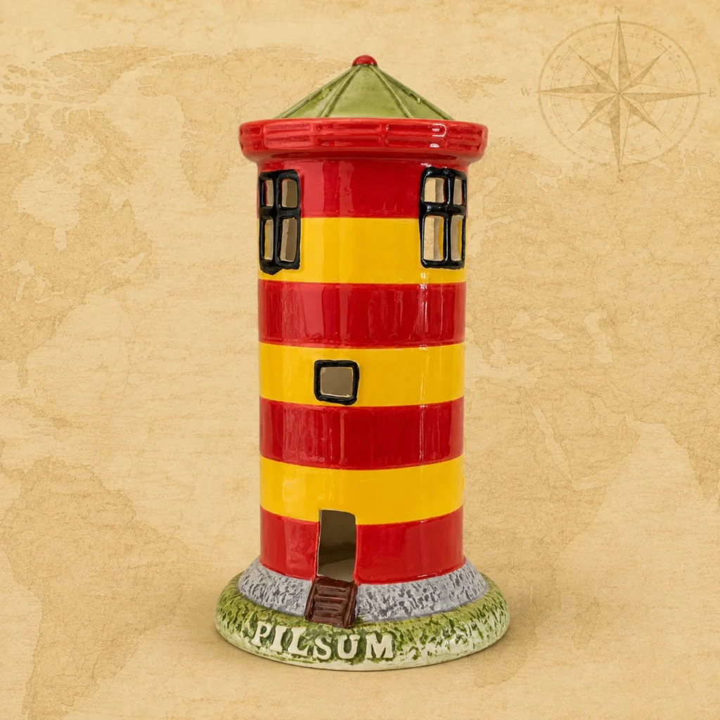 Ceramic souvenir candle holder featuring Wangerooge lighthouse on Wangerooge Island, Germany