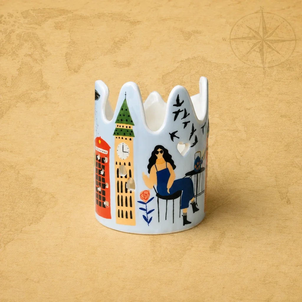 Ceramic souvenir candle holder featuring London, United Kingdom landmark theme
