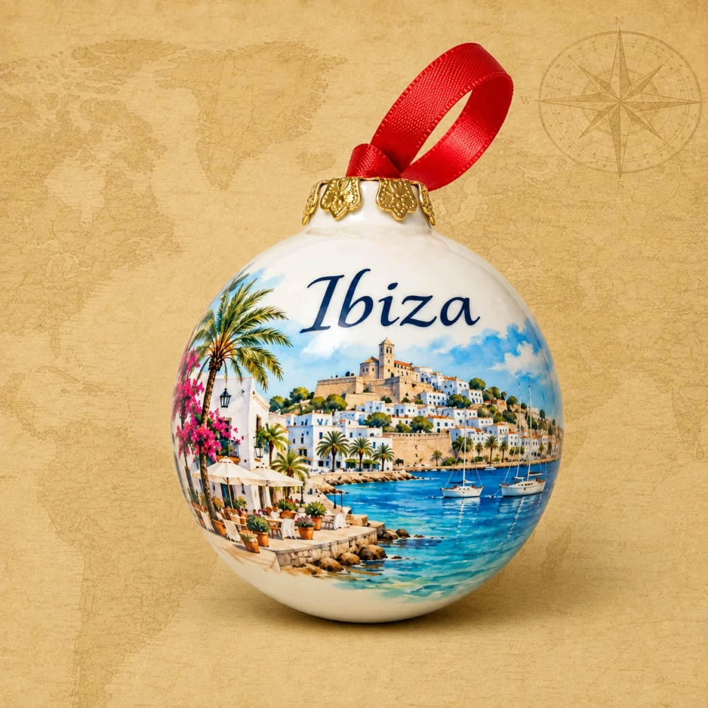 Ceramic souvenir christmas bauble featuring Ibiza, Spain Mediterranean coastal scene