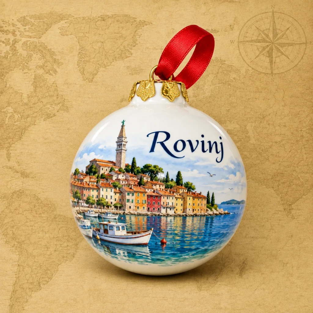 Ceramic souvenir christmas bauble featuring Rovinj, Croatia Adriatic waterfront scene