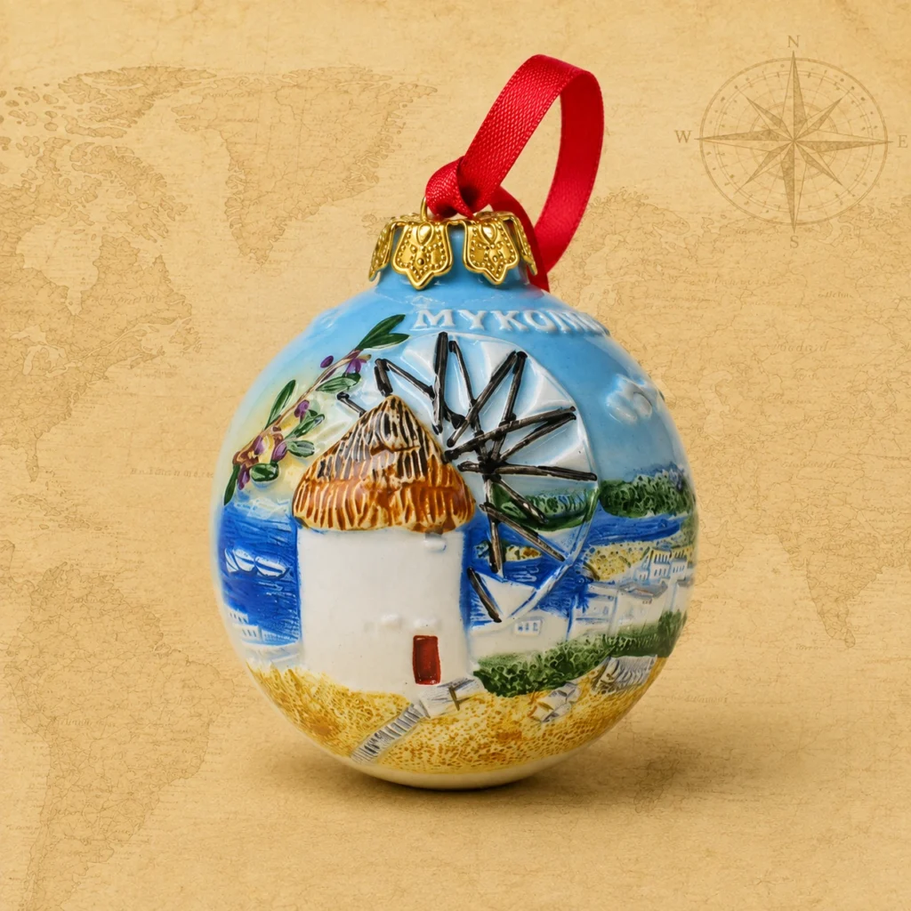 Ceramic souvenir christmas bauble featuring Mykonos, Greece windmill and island scene