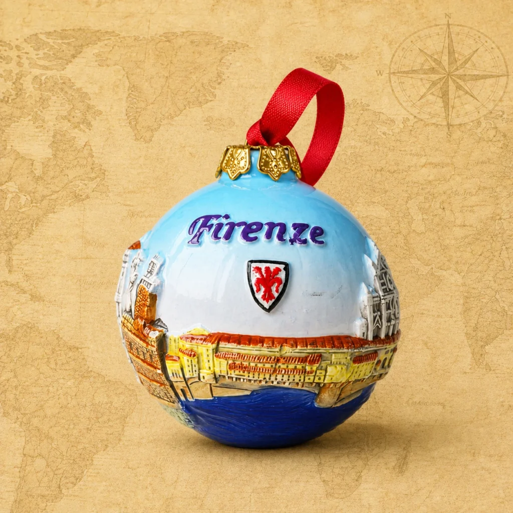 Ceramic souvenir christmas bauble featuring Florence, Italy historic city landmark scene