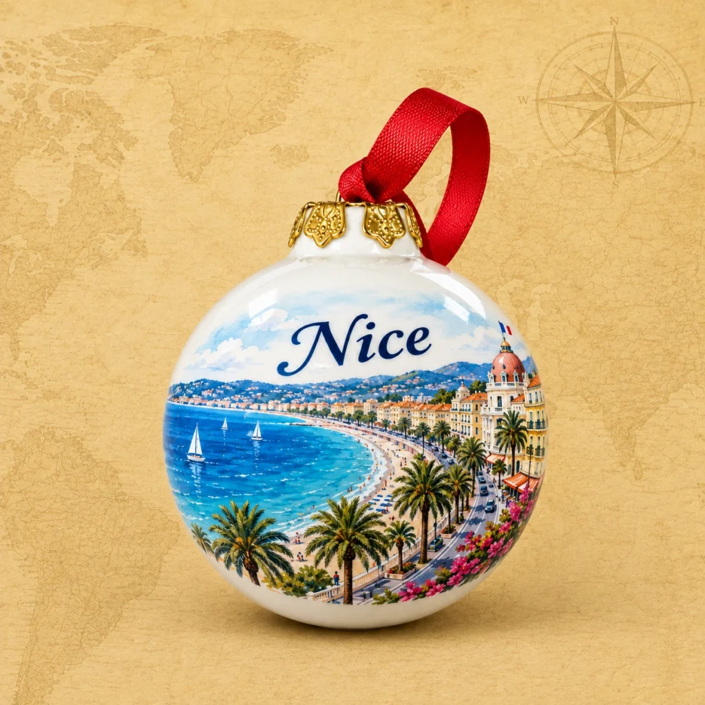 Ceramic souvenir christmas bauble featuring Nice, France Riviera coastal scene