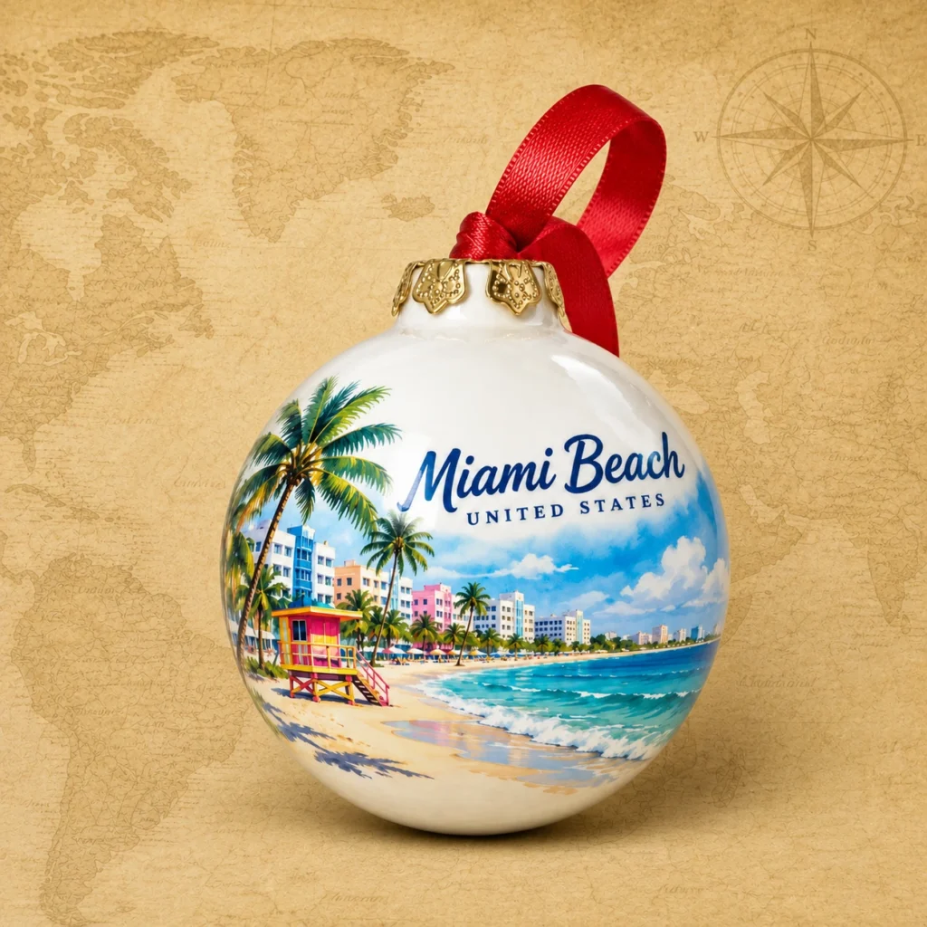 Ceramic souvenir christmas bauble featuring Miami Beach, Florida, USA coastal travel scene