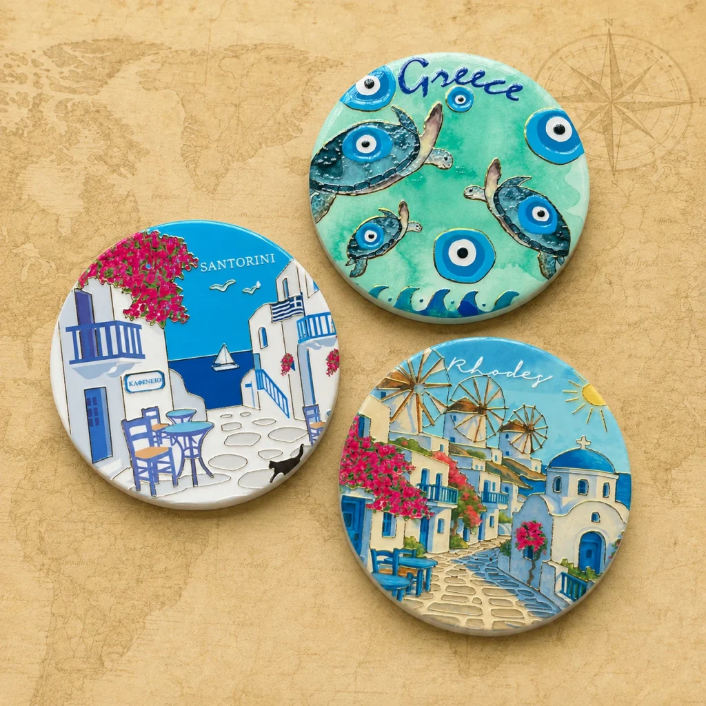 Ceramic souvenir coaster featuring Santorini and Rhodes, Greece island theme