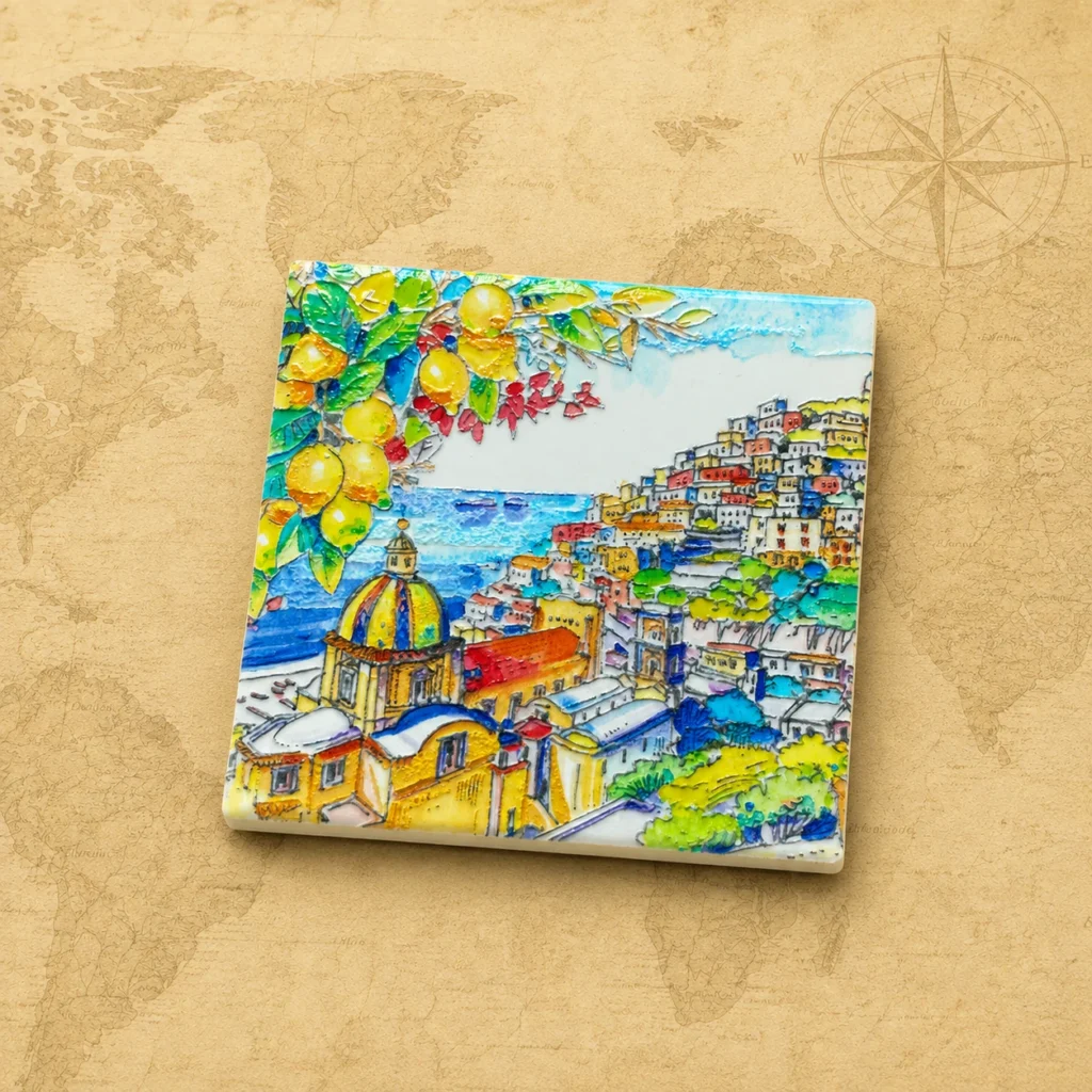 Ceramic souvenir coaster featuring Positano on the Amalfi Coast, Italy with lemon theme