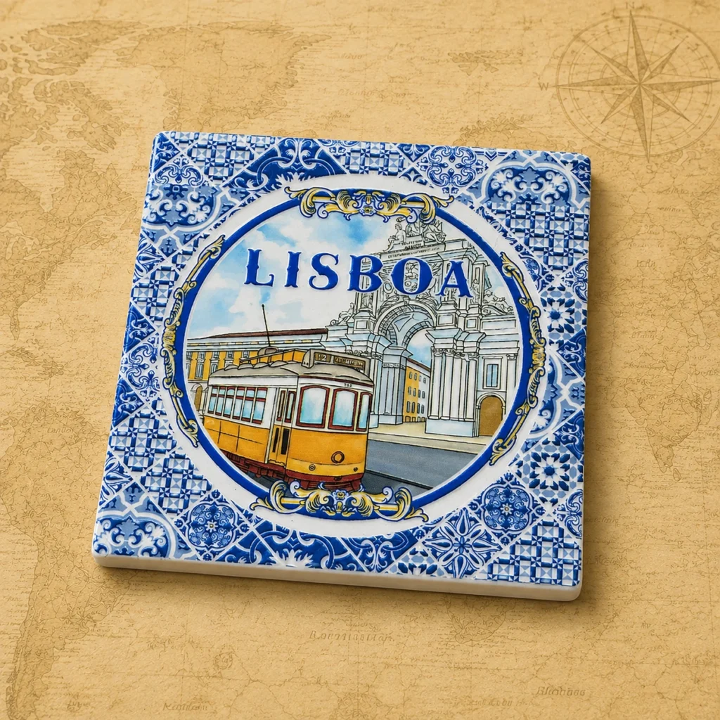 Ceramic souvenir coaster featuring Lisbon, Portugal azulejo tile theme