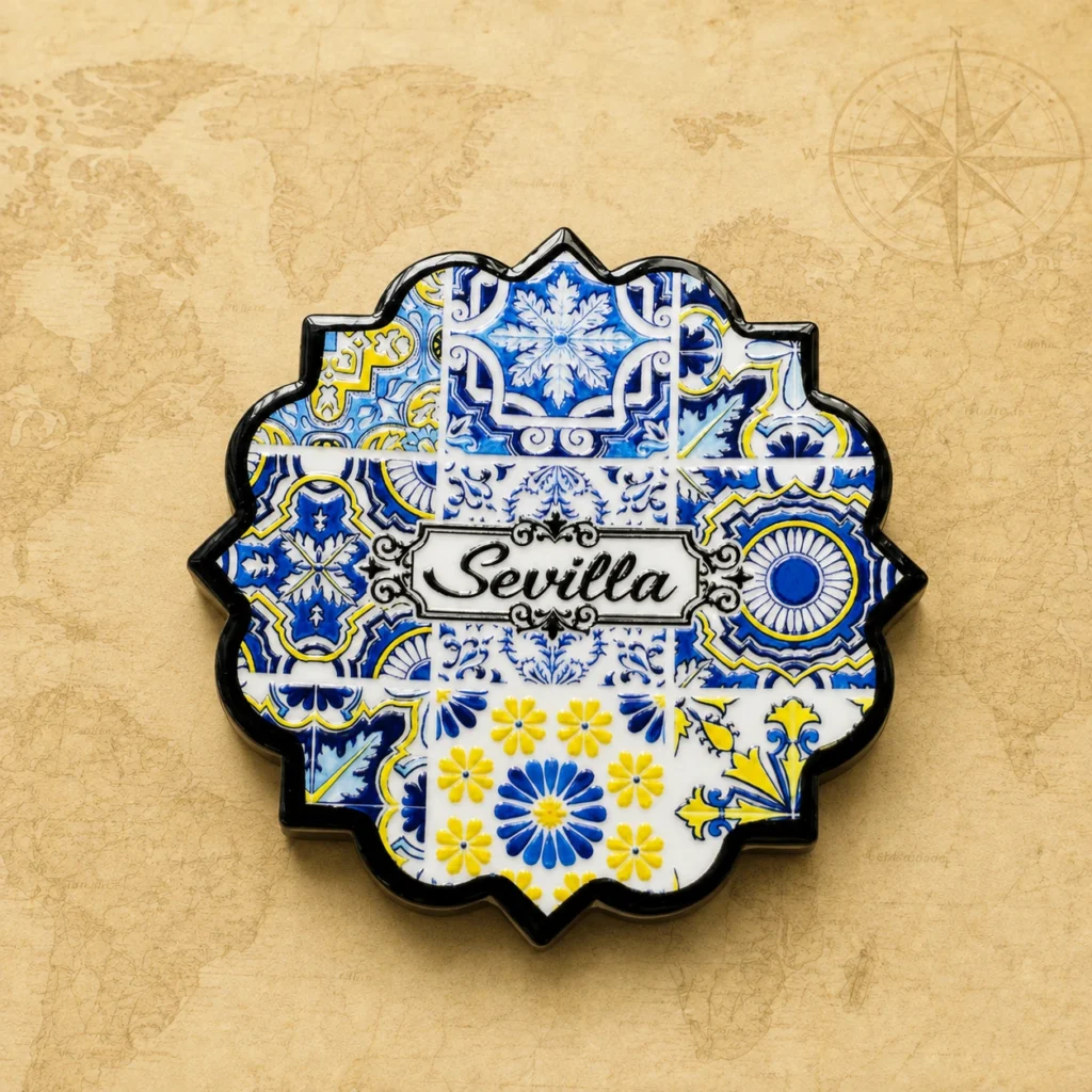 Ceramic souvenir coaster featuring Seville, Spain relief tile theme