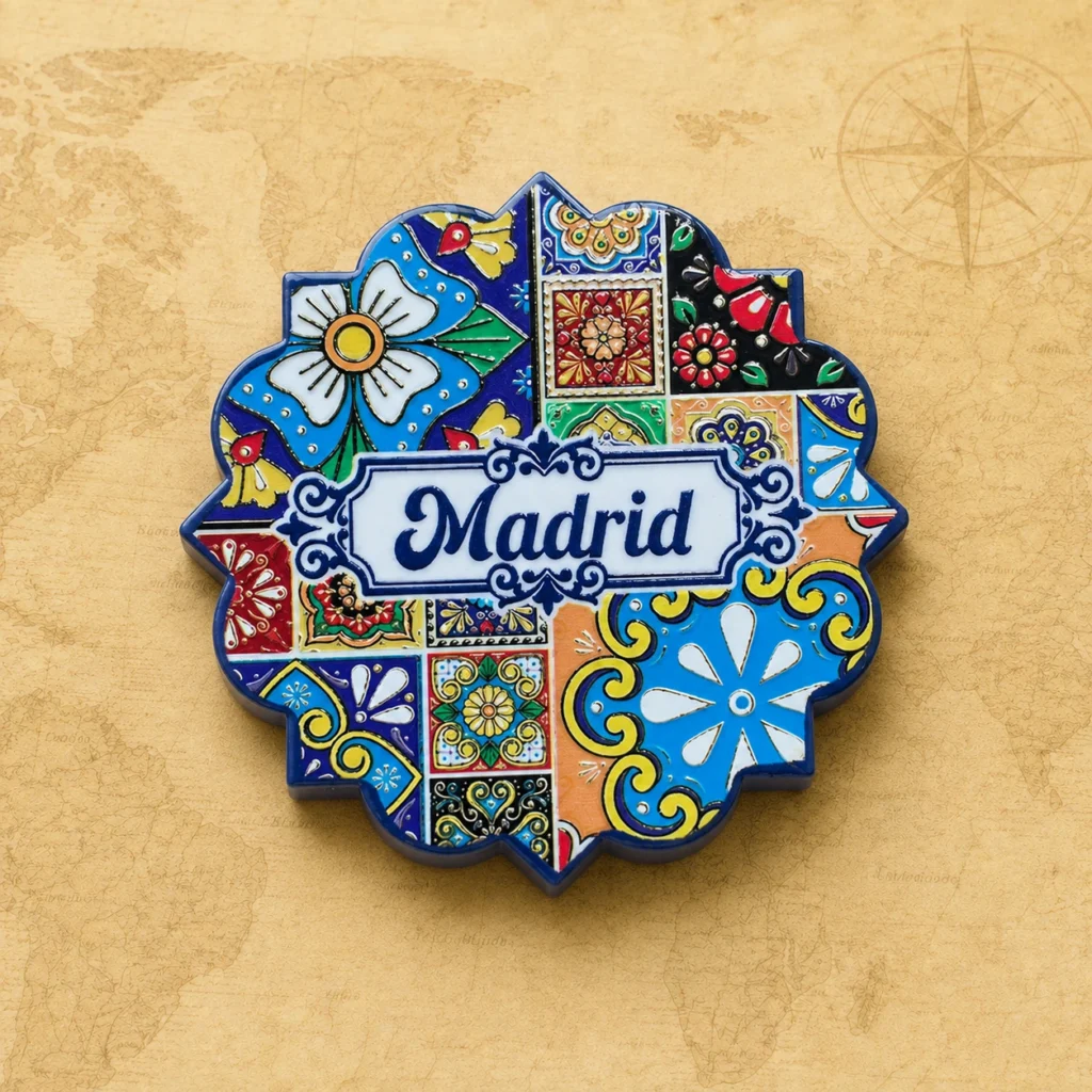 Ceramic souvenir coaster featuring Madrid, Spain city landmark theme