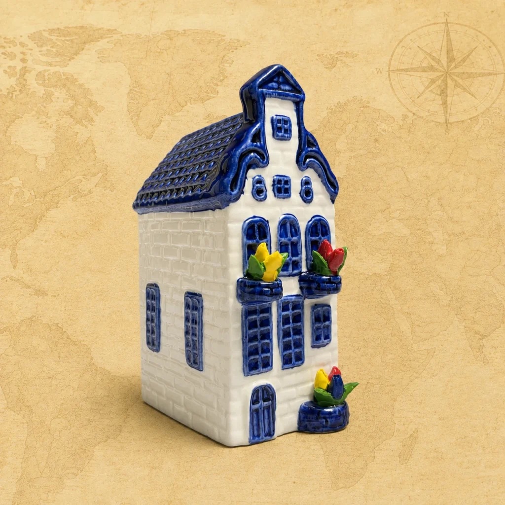 Ceramic souvenir figurine featuring Delft Blue canal house, Netherlands