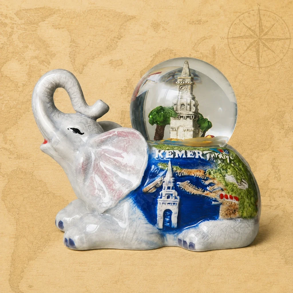 Ceramic souvenir figurine featuring Kemer resort town in Antalya Province, Turkey
